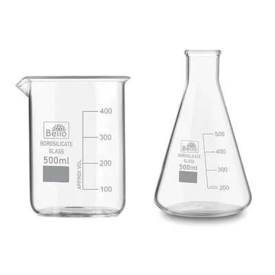 Bello Set of 2 Borosilicate 3.3 Glass Beaker and Conical Flask of 500 ml with Graduation Marks