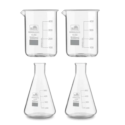 Bello Set of 4 Borosilicate 3.3 Glass Beaker and Conical Flask of 500 ml with Graduation Marks