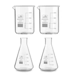 Bello Set of 4 Borosilicate 3.3 Glass Beaker and Conical Flask of 500 ml with Graduation Marks