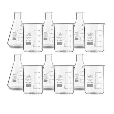 Bello Set of 12 Borosilicate 3.3 Glass Beaker and Conical Flask of 500 ml with Graduation Marks