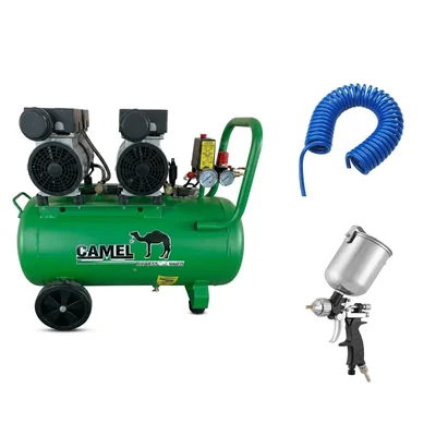 Camel 50 Liters 2 HP 2850 RPM Oil-Free Silent Air Compressor with PS-01 Spray Gun and 10M PU Pipe Combo AC-50LS X 2