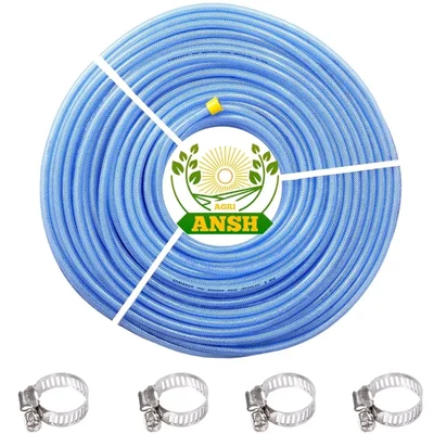 Agriansh 8 mm, 3 Layer Threaded Pvc Braided 50 Meter Hose Pipe With 4 Clamps for Garden, Car Wash