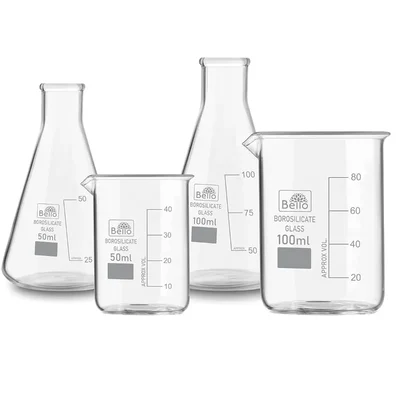 Bello (2pcs x 50ml), (2pcs x 100ml) Beakers and Conical Flasks with Graduation Marks, 3.3 Borosilicate Glass Material