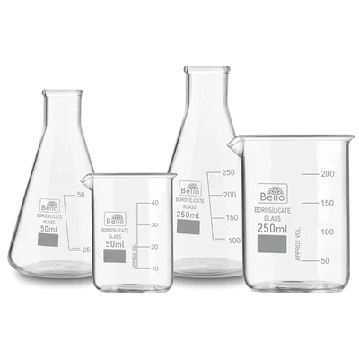 Bello (2pcs x 250ml), (2pcs x 50ml) Beakers and Conical Flasks with Graduation Marks, 3.3 Borosilicate Glass Material