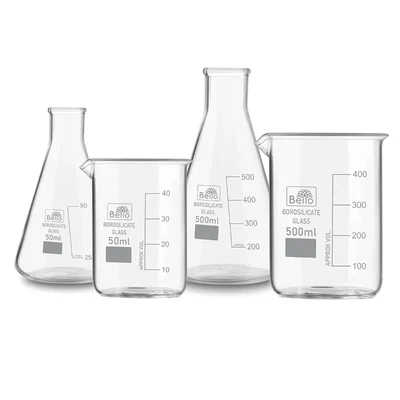 Bello (2pcs x 500ml), (2pcs x 50ml) Beakers and Conical Flasks with Graduation Marks, 3.3 Borosilicate Glass Material
