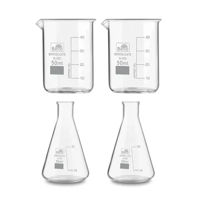 Bello Set of 4 Borosilicate 3.3 Glass Beaker and Conical Flask of 50 ml with Graduation Marks