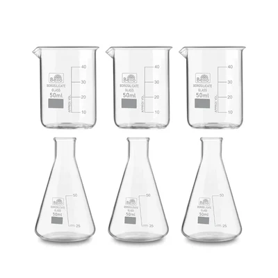 Bello Set of 6 Borosilicate 3.3 Glass Beaker and Conical Flask of 50 ml with Graduation Marks
