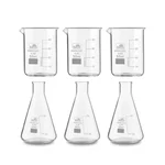 Bello Set of 6 Borosilicate 3.3 Glass Beaker and Conical Flask of 50 ml with Graduation Marks