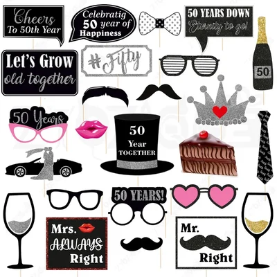 (Pack Of 3) | 29-Piece Golden Jubilee Photo Booth Props Kit for 50th Wedding Anniversary Celebrations