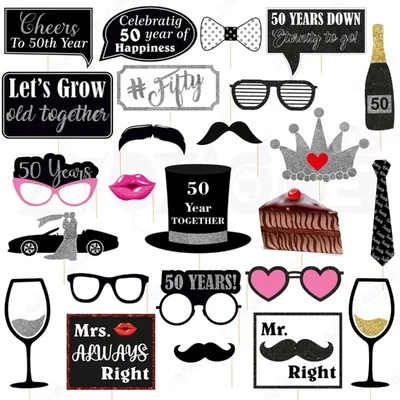 Pack of 3, 9, 18 Golden Jubilee Photo Booth Props Kit, 29-Piece in 1 Pack for 50th Wedding Anniversary Celebrations(Pack-3 pcs)