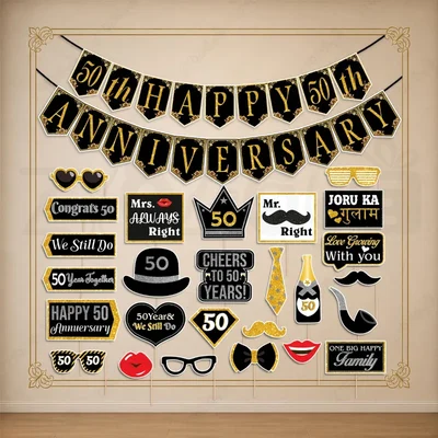 (Pack Of 3) | 31 Pcs 50th Golden Anniversary Decor Kit with Black Gold Banner Props