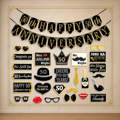 31 Pcs 50th Golden Anniversary Decor Kit with Black Gold Banner Props(Pack-3 pcs)