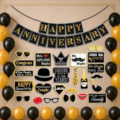 55 Pcs Anniversary Decor Kit with Black and Gold Banner Balloons with Photo Booth Props(Pack-3 pcs)