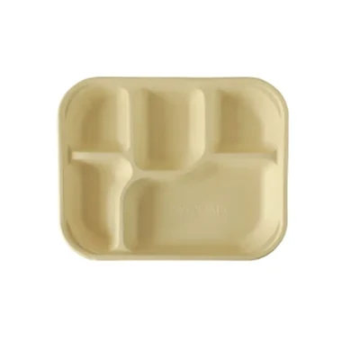 PAAVAN 5-Compartment Sugarcane Bagasse Eco-Friendly Thali Meal Tray With Lid(Pack-50)