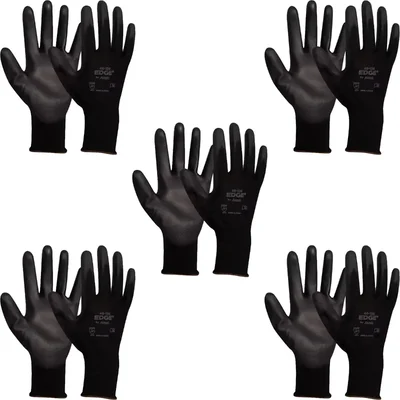 Ansell EDGE 48-126 Polyester Material Palm Coated Light-Weight Black Safety Gloves - Pack of 5
