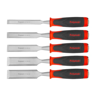Polymak 5pc 12-38mm Drop Forged Carbon Steel Wood Chisel Set with Striking Caps, HT-P-WC-5SET