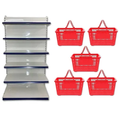 Premium Quality 6 Shelves (7 x 3 Feet) Display Rack With 25 Liter 5 Piece Shopping Basket Combo