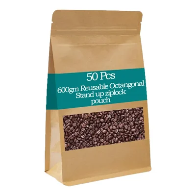 50 Pcs, 600gm Brown Reusable Octagonal Stand up Zip Lock Storage Pouch with Transparent Window