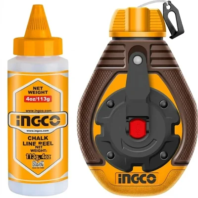 INGCO 60m Resistant Cotton Thread Steel Hook Chalk Line Reel Set with Spirit Bubble HCLR0630