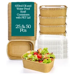 650ml Oil and Water Proof Kraft Containers with PET Lid for Food Takeaway(Pack-25 pcs)