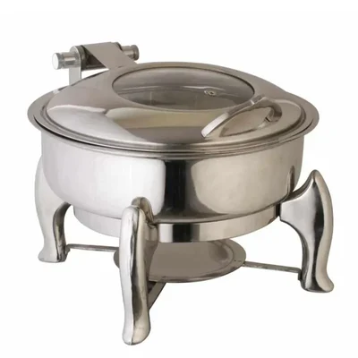 Stainless Steel 6 Ltr Plain Round Hydraulic Chafing Dish with Half Glass Lid