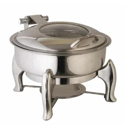 Stainless Steel 6 Ltr Plain Round Hydraulic Chafing Dish with Half Glass Lid