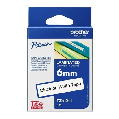 Brother 6mm Extra Narrow Black on White Laminated 8m Eco-Friendly Thermal Transfer Label Printer Tape TZE-211