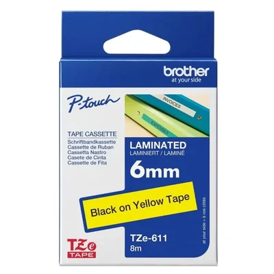 Brother P-Touch Compatible 6mm Black on Yellow High-Visibility Industrial Laminated Label Maker Tape TZE-611