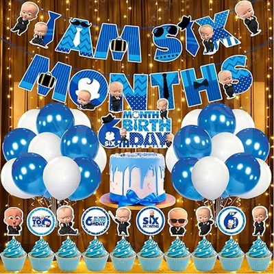 6 Month Decor Kit 38 Pcs Baby Boy Half Birthday Blue White Balloons Banners & Lights(Pack of 3)