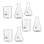 SBT Instruments Set of 7, Borosilicate 3.3 Glass Beaker and Conical Flask with Graduation Marks, 250ml Capacity