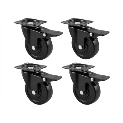 Heavy Duty 3 inch / 75 mm Pack Of 4 Swivel With Brake Type Plain Bore Hard Rubber Caster Wheel
