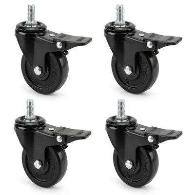 Heavy Duty 3 inch / 75 mm Pack of 4 Thread Type With Brake Plain Bore Hard Rubber Caster Wheel