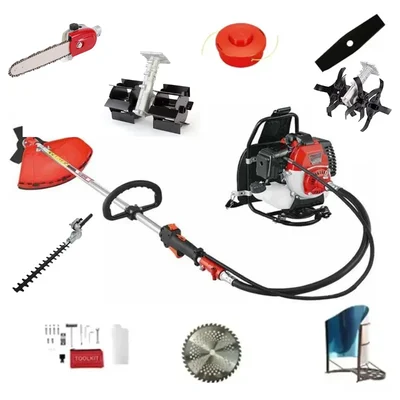 Heavy Duty 2 Stroke 52cc 7 in 1 Multi Attachment Backpack Brush Cutter With Chainsaw, Hedge Trimmer, Flat & Round Tiller Attachment