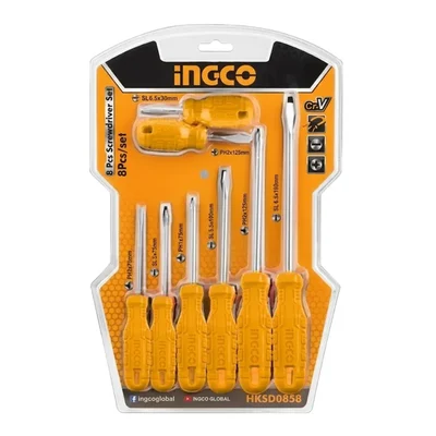 INGCO 8-Piece CR-V Round Blade Screwdriver Set Slotted & Phillips Fastening DIY Hand Tools Double Blister HKSD0858