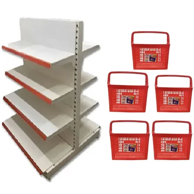 Premium Quality 8 Shelves (5 x 3 Feet) Center/Double Sided Gondola Rack With 25 Liter 5 Piece Shopping Basket Combo