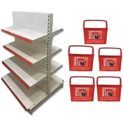 Premium Quality 8 Shelves (5 x 3 Feet) Center/Double Sided Gondola Rack With 25 Liter 5 Piece Shopping Basket Combo