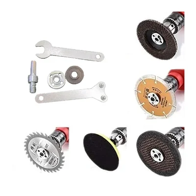 Angle Grinder Converter Attachment For Drill Machine With 3 Pcs Cutting Blade, 1 Pc Grinding Wheel, 1 Pc Flap Disc & 1 Pc Velcro Pad With Paper