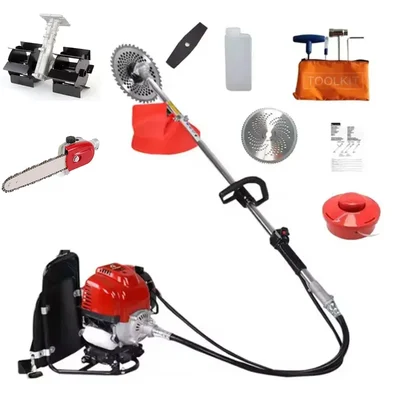 Heavy Duty 4 Stroke 35cc Multi Attachment Backpack Brush Cutter With Chainsaw & Flat Tiller Attachment