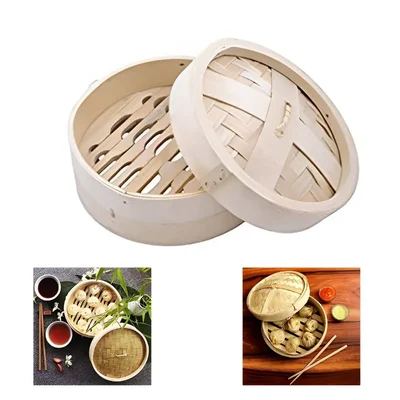 Round Shape Bamboo Wooden Base Dimsum Basket With Lid(Size-13 cm)