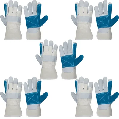 DSY Pack of 5 A-Grade Split Leather Double Palm Canadian Gloves,Heavy Duty Safety for Construction,Welding,Industrial Use