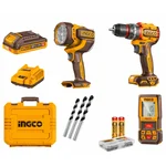 INGCO COSLI250885 Cordless 3 Pcs Combo Kit with Brushless Impact Drill Laser Distance Detector Work Lamp and Accessories