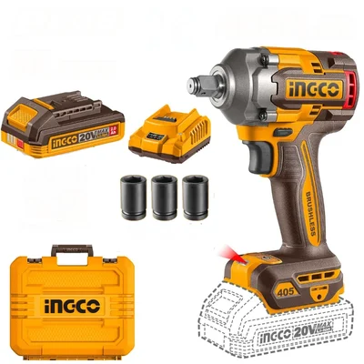 Ingco 12.7mm (1/2") 20V Cordless Brushless 3-Mode Setting Impact Wrench With Battery-Charger & Sockets, Max. Torque 405N.m (CIWLI2045)