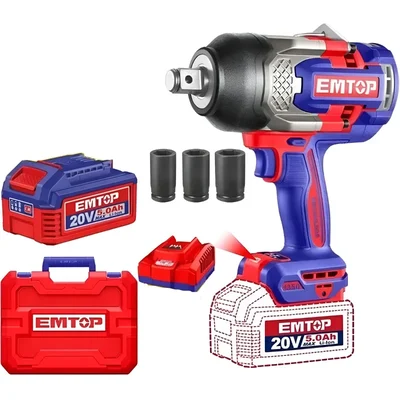 Emtop 19mm(3/4") 20V Cordless BL Adjustable Speed Impact Wrench With Battery-Charger & Sockets, Max. Torque 1350Nm (ECIWL20135)