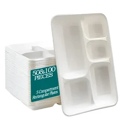 5 Compartment Rectangular Eco-friendly Plates(Pack-50)