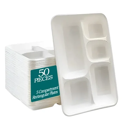 5 Compartment Rectangular Eco-friendly Plates(Pack-50)