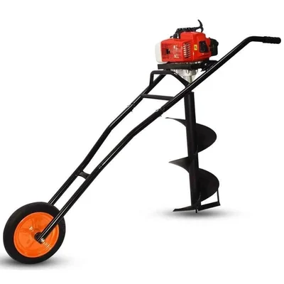 Balwaan BE-63T, 63cc 2-Stroke Trolley Type Earth Auger Machine with 8 & 12 inch Drill Bit | Hole Digger with Double Gear Box