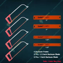 Eastman Combo Of 4 Pcs Tubular Type Black Powder Coted Hacksaw Frame (E-2264) With 2Pcs. Of 1/2 Inch and 2Pcs Of 1 Inch Hacksaw Blades (E-2263)