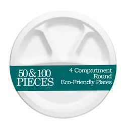 4 Compartment Bagasse Eco-Friendly Round Plates for Dining (Pack-50)