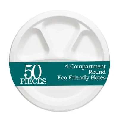 4 Compartment Bagasse Eco-Friendly Round Plates for Dining (Pack-50)