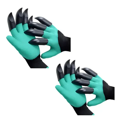 XLNT Garden Gloves With 8 Plastic Fingertips Claws For Left & Right Hands, Quick & Easy Digging Without Tools (2 Pairs)